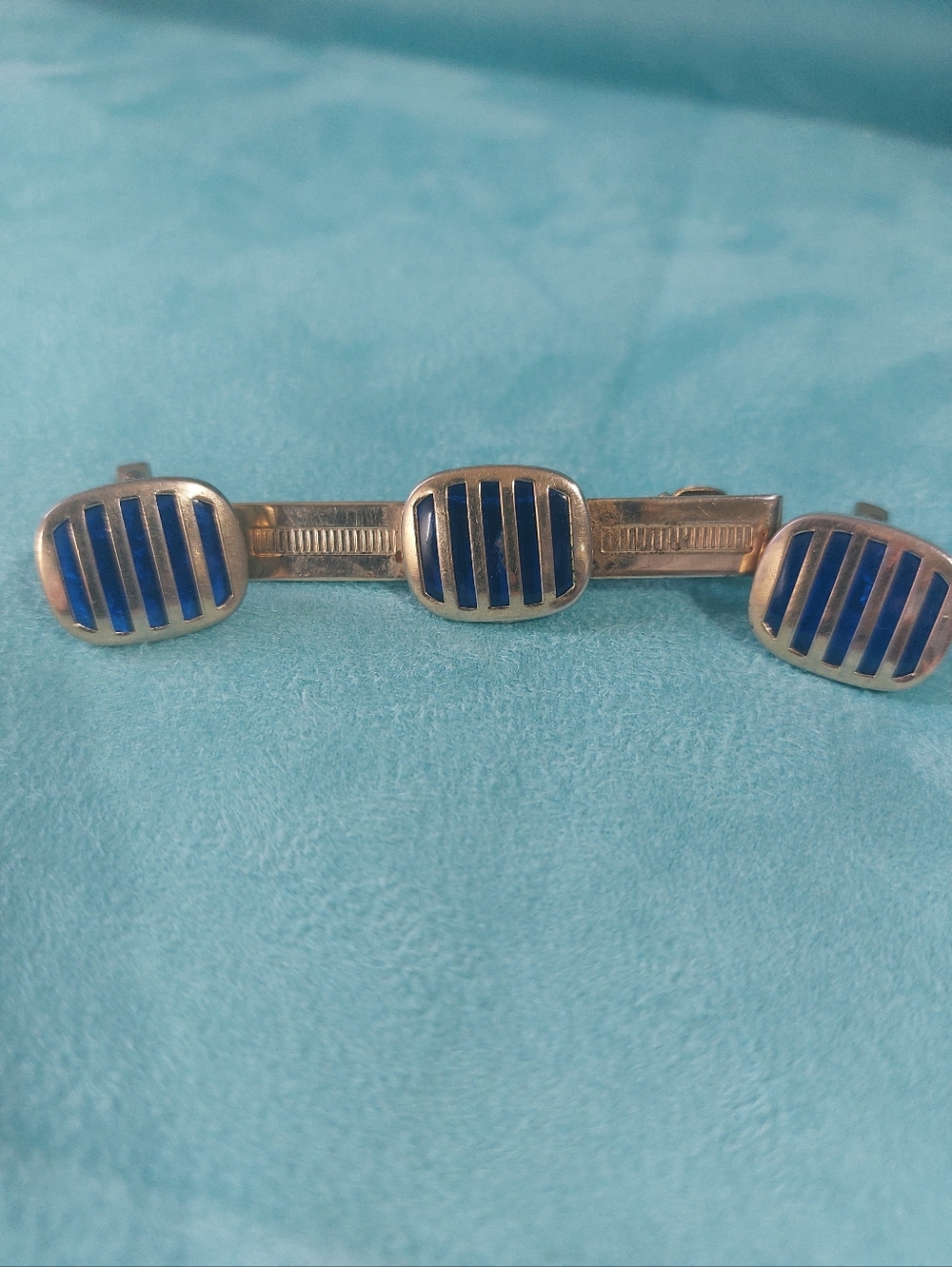 Estate Vintage Goldtone Tie Clasp & Cufflink Set, Caged Blue Cabochan Accents